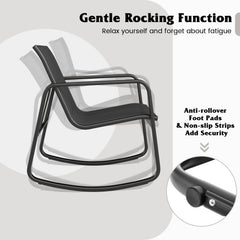 3 Piece Patio Rocking Bistro Set, 2 Sling Rocking Chairs Rated 330 lb with Black Breathable Seats and 17 in Tempered Glass Table