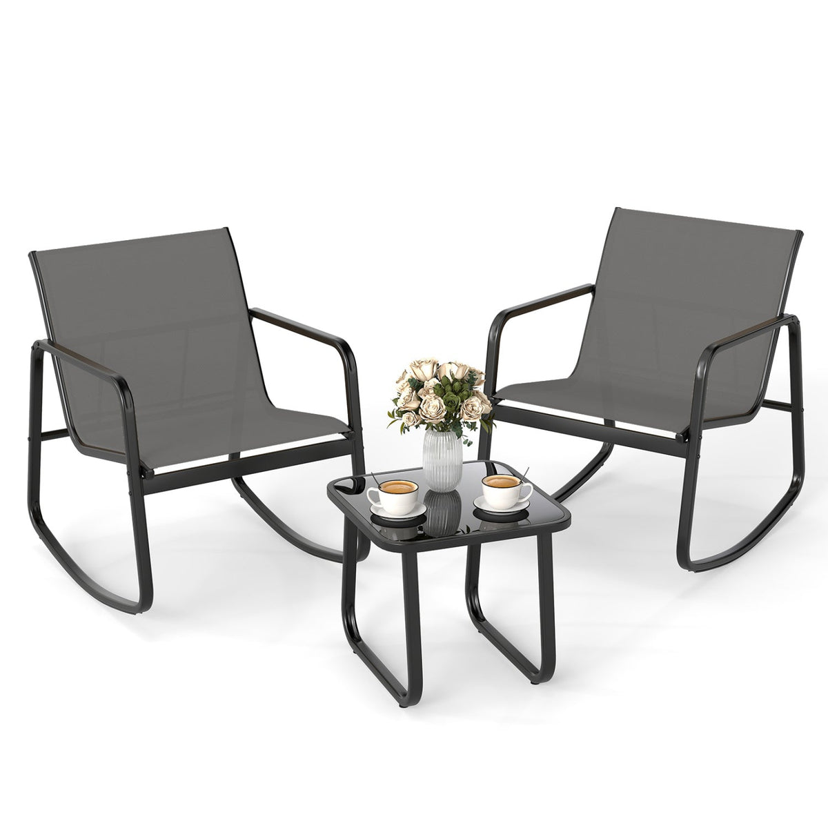 3 Piece Patio Rocking Bistro Set, 2 Sling Rocking Chairs Rated 330 lb with Grey Breathable Seats and 17 in Tempered Glass Table