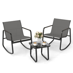 3 Piece Patio Rocking Bistro Set, 2 Sling Rocking Chairs Rated 330 lb with Grey Breathable Seats and 17 in Tempered Glass Table