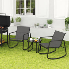 3 Piece Patio Rocking Bistro Set, 2 Sling Rocking Chairs Rated 330 lb with Grey Breathable Seats and 17 in Tempered Glass Table