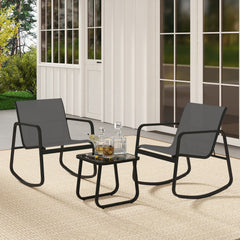 3 Piece Patio Rocking Bistro Set, 2 Sling Rocking Chairs Rated 330 lb with Grey Breathable Seats and 17 in Tempered Glass Table