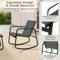 3 Piece Patio Rocking Bistro Set, 2 Sling Rocking Chairs Rated 330 lb with Grey Breathable Seats and 17 in Tempered Glass Table