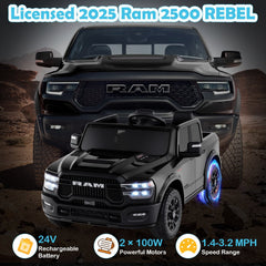 24V Licensed Ram 2500 REBEL 2 Seater Kids Ride On Truck with 2 x 100W Motors, 3 Speed Remote and 4 Springs, 110 lb, Black