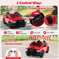24V Licensed Ram 2500 REBEL 2 Seater Kids Ride On Truck with Emergency Brake, 3 Speed Remote and LED Lights, 110 lb, Red