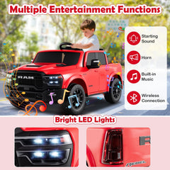 24V Licensed Ram 2500 REBEL 2 Seater Kids Ride On Truck with Emergency Brake, 3 Speed Remote and LED Lights, 110 lb, Red