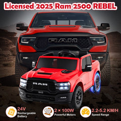 24V Licensed Ram 2500 REBEL 2 Seater Kids Ride On Truck with Emergency Brake, 3 Speed Remote and LED Lights, 110 lb, Red