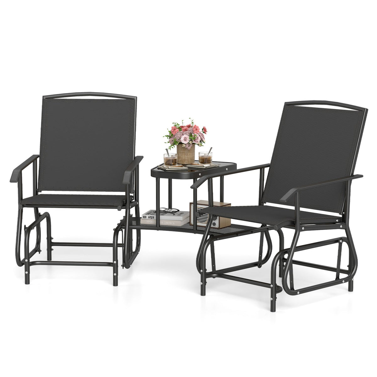 2-Seater Outdoor Glider Bench with 2-Tier Center Table-Black
