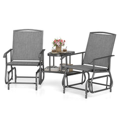 2 Seater Outdoor Glider Bench with 2 Tier Centre Table, Independent Rocking Chairs Rated 330 lb Each, Grey Mesh