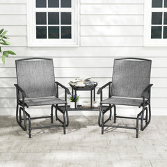 2 Seater Outdoor Glider Bench with 2 Tier Centre Table, Independent Rocking Chairs Rated 330 lb Each, Grey Mesh