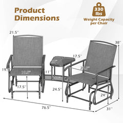 2 Seater Outdoor Glider Bench with 2 Tier Centre Table, Independent Rocking Chairs Rated 330 lb Each, Grey Mesh