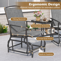 2 Seater Outdoor Glider Bench with 2 Tier Centre Table, Independent Rocking Chairs Rated 330 lb Each, Grey Mesh