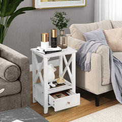 2-Tier Nightstand with Storage Drawer and X Frame, White