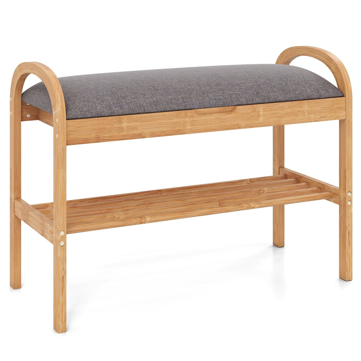 2-Tier Bamboo Shoe Bench with Storage and Padded Cushion-Gray