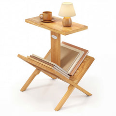 2-Tier Side Table Magazine Rack with Teak Wood Frame