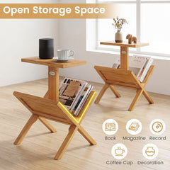 2-Tier Side Table Magazine Rack with Teak Wood Frame