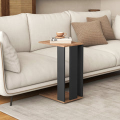 2-Tier C-Shaped Side Table with Detachable Wheels, Rustic Brown