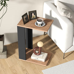2-Tier C-Shaped Side Table with Detachable Wheels, Rustic Brown