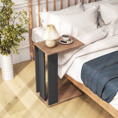 2-Tier C-Shaped Side Table with Detachable Wheels, Rustic Brown