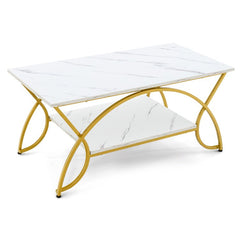 2-Tier Rectangular Coffee Table, White Marble Look Top with Arched Golden Metal Frame