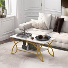 2-Tier Rectangular Coffee Table, White Marble Look Top with Arched Golden Metal Frame