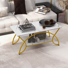 2-Tier Rectangular Coffee Table, White Marble Look Top with Arched Golden Metal Frame