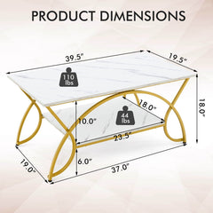 2-Tier Rectangular Coffee Table, White Marble Look Top with Arched Golden Metal Frame