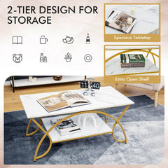 2-Tier Rectangular Coffee Table, White Marble Look Top with Arched Golden Metal Frame