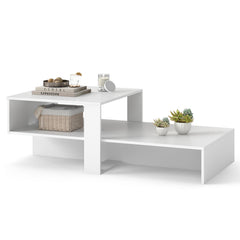 2-Tier Coffee Table Modern Irregular Center Table with Open Storage Shelf-White