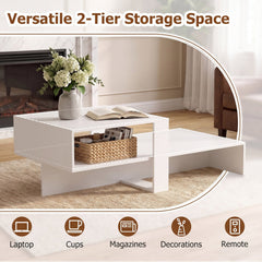 2-Tier Coffee Table Modern Irregular Center Table with Open Storage Shelf-White