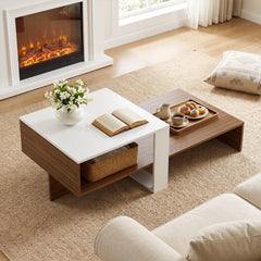 2-Tier Coffee Table Modern Irregular Center Table with Open Storage Shelf-White & Brown