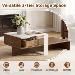 2-Tier Coffee Table Modern Irregular Center Table with Open Storage Shelf-White & Brown