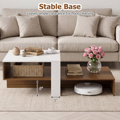 2-Tier Coffee Table Modern Irregular Center Table with Open Storage Shelf-White & Brown