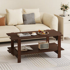 2-Tier Coffee Table Slatted Wood Center Table with Storage Shelf-Walnut