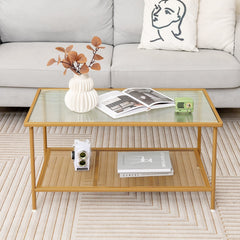 2-Tier Coffee Table with Tempered Glass Top and Golden Metal Frame