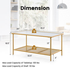 2-Tier Coffee Table with Tempered Glass Top and Golden Metal Frame