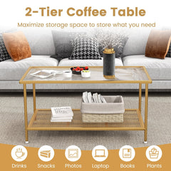 2-Tier Coffee Table with Tempered Glass Top and Golden Metal Frame