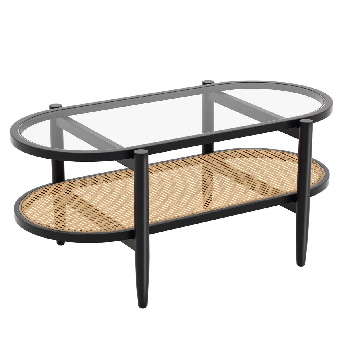 2-Tier Coffee Table with Tempered Glass Top and Acacia Wood Frame, Black