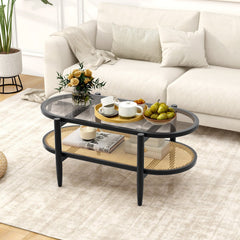 2-Tier Coffee Table with Tempered Glass Top and Acacia Wood Frame, Black