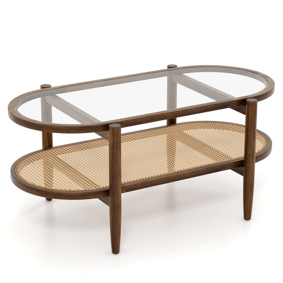 2-Tier Coffee Table with Tempered Glass Top and Acacia Wood Frame, Brown