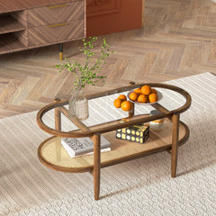 2-Tier Coffee Table with Tempered Glass Top and Acacia Wood Frame, Brown
