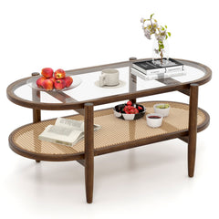 2-Tier Coffee Table with Tempered Glass Top and Acacia Wood Frame, Brown