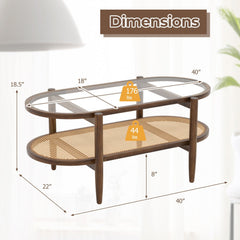 2-Tier Coffee Table with Tempered Glass Top and Acacia Wood Frame, Brown
