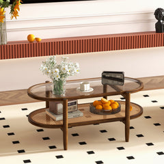 2-Tier Coffee Table with Tempered Glass Top and Acacia Wood Frame, Brown