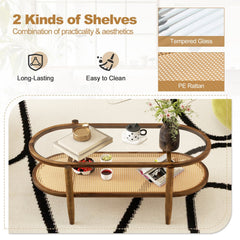 2-Tier Coffee Table with Tempered Glass Top and Acacia Wood Frame, Brown