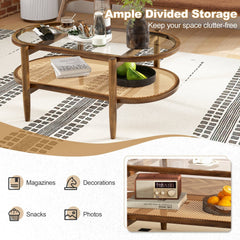 2-Tier Coffee Table with Tempered Glass Top and Acacia Wood Frame, Brown
