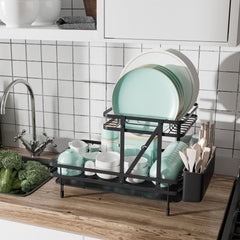2-Tier Collapsible Dish Rack with Removable Drip Tray-Black