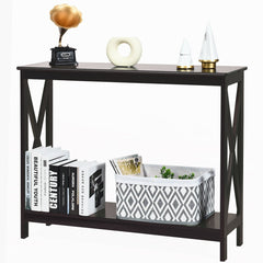2-Tier Console X-Design Sofa Side Accent Table-Dark Brown