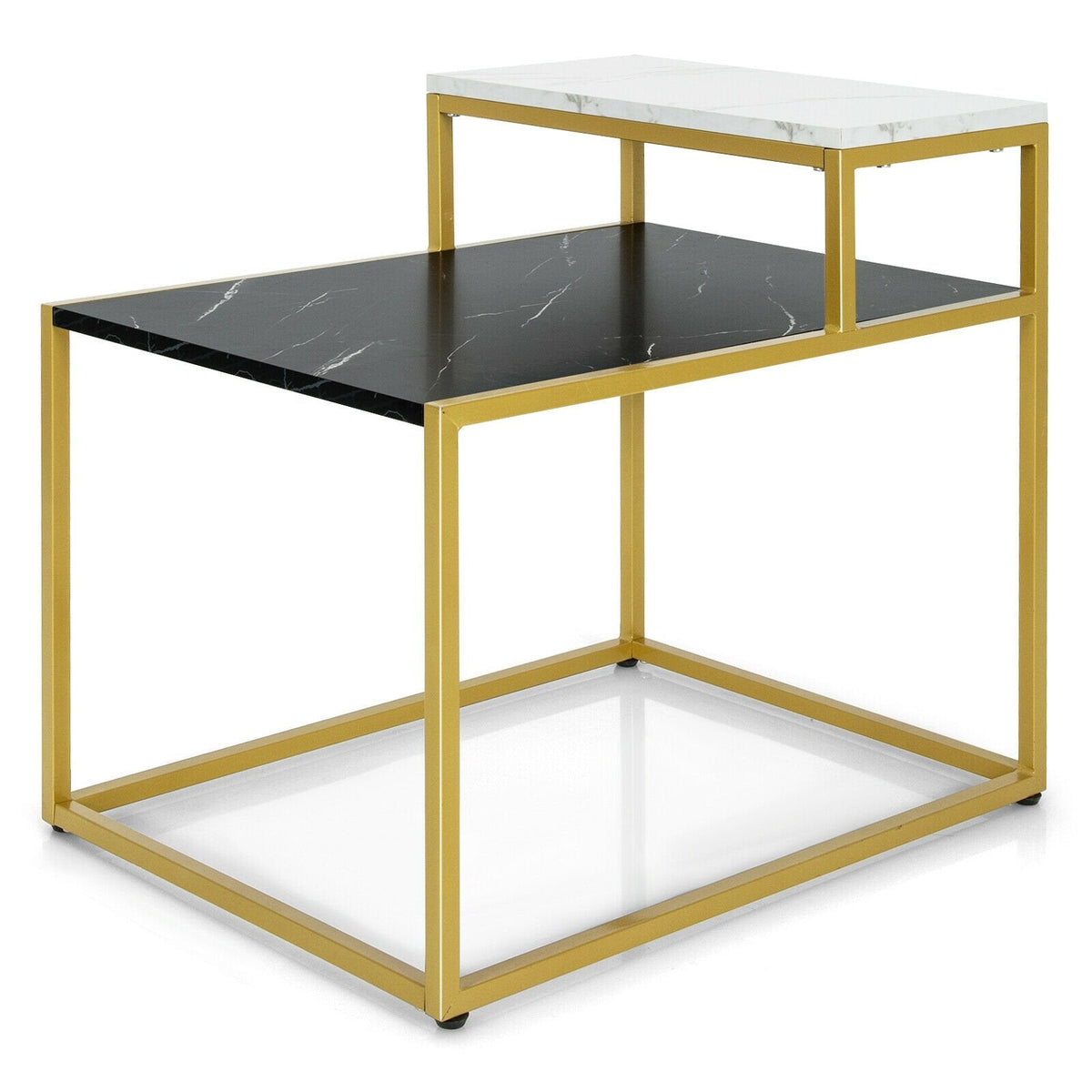 2 Tier Stepped Side Table with Gold Metal Frame and Marble Look Tops
