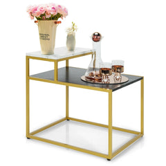 2 Tier Stepped Side Table with Gold Metal Frame and Marble Look Tops