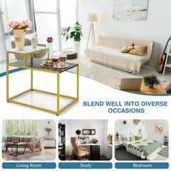 2 Tier Stepped Side Table with Gold Metal Frame and Marble Look Tops